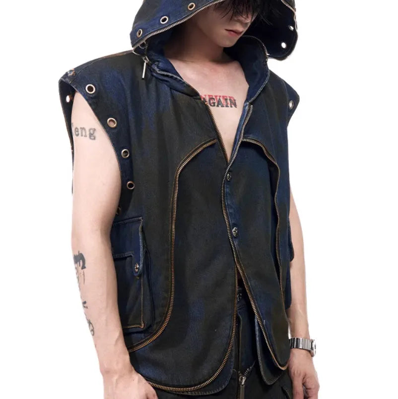Blue hooded denim vest coat with matching trousers in Korean heavy industry deconstructs style