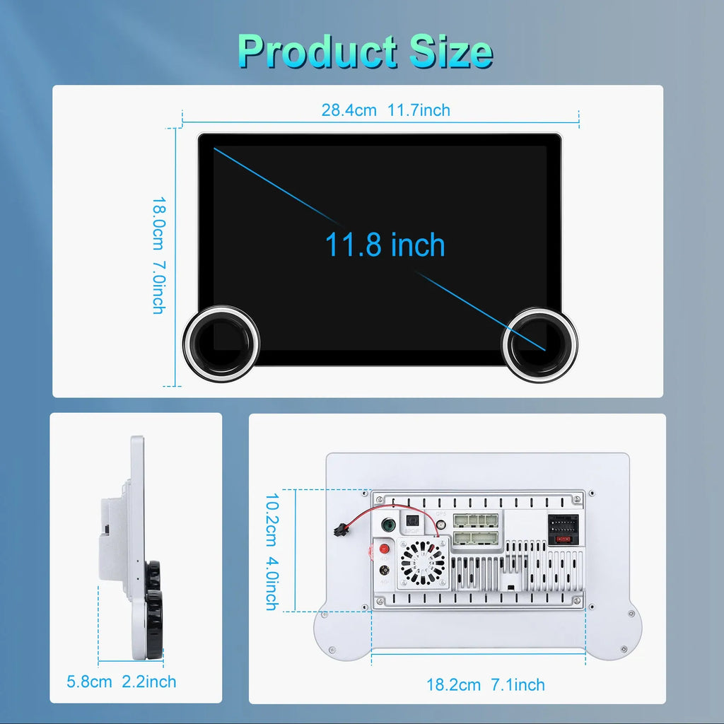 11.8-inch Android car multimedia player with dual knobs and QLED screen showing navigation interface