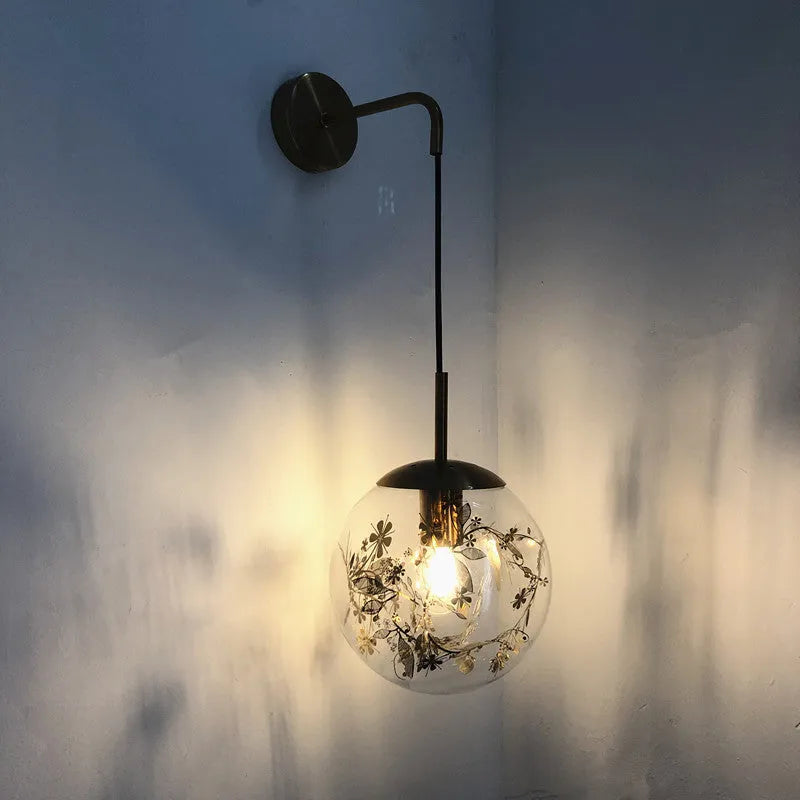 Modern simple glass wall bedside lamp in Golden Flower or Silver Flower finish, 15cm or 20cm size.