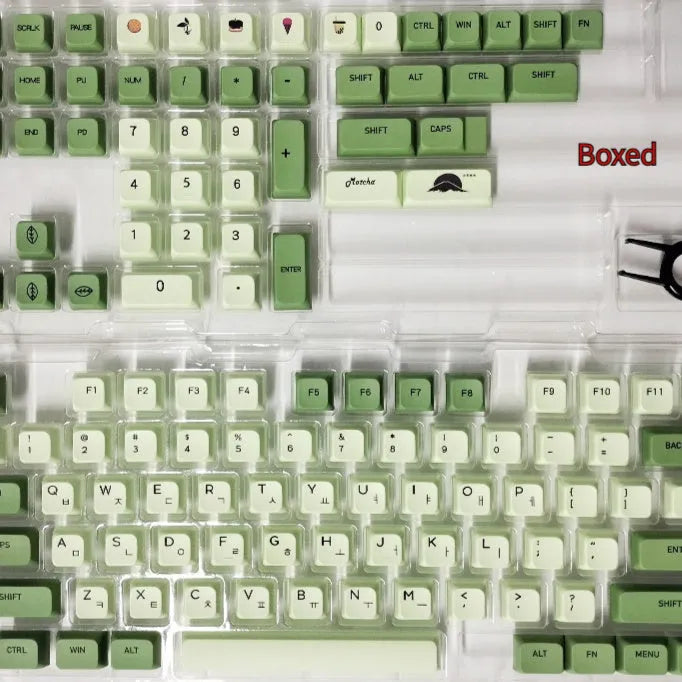 124-key matcha green PBT keycap set showing multiple international language layouts including Arabic and Korean.