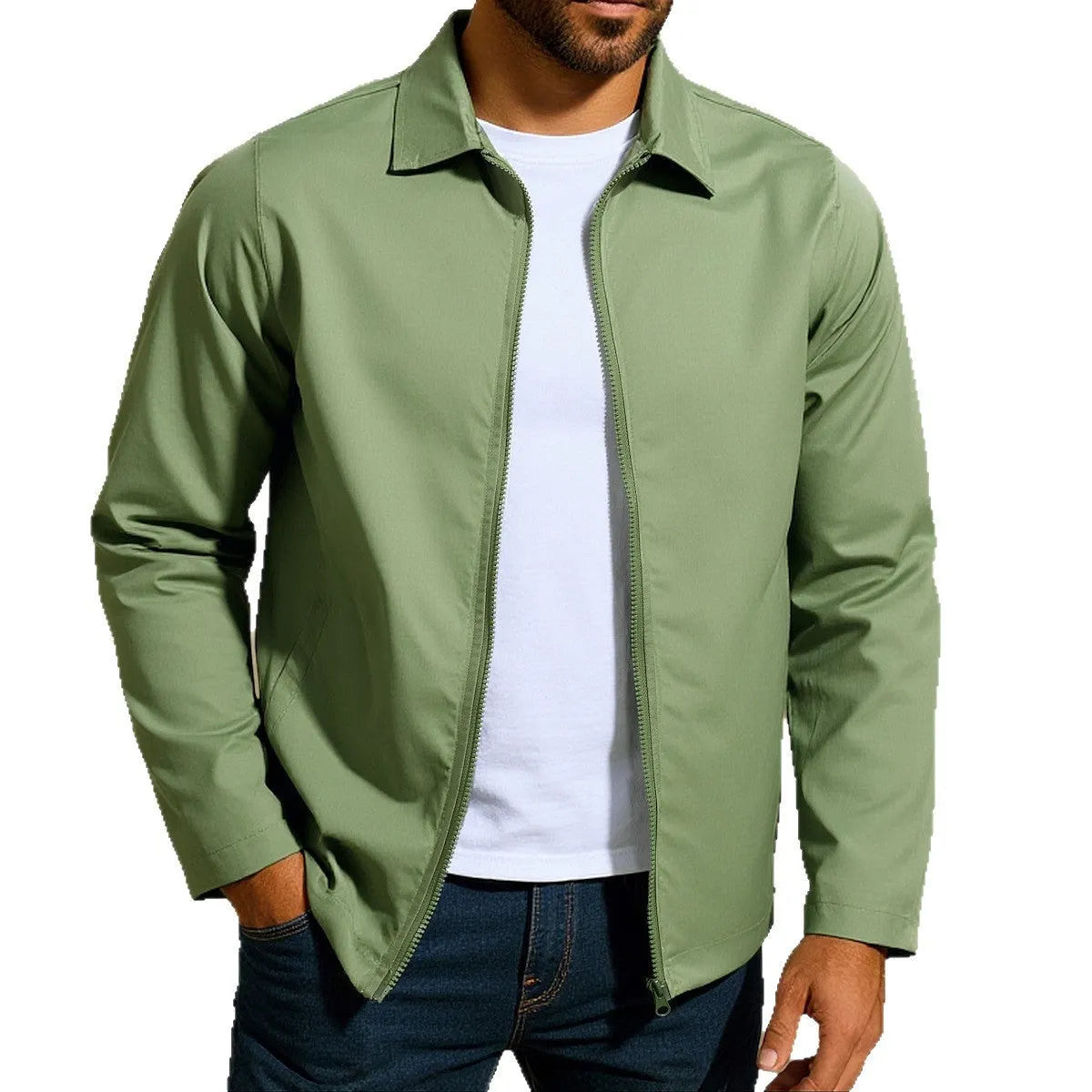 Men's zip-front cardigan jacket with raglan sleeves in emerald green.