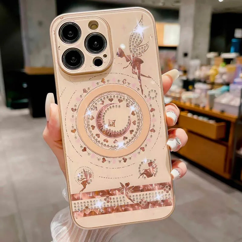 Butterfly fairy diamond magnetic TPU PC phone case in pink single shell with rhinestone and bow decorations