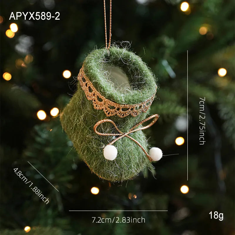 Plush fabric Christmas tree ornament shaped like a red boot with soft finish
