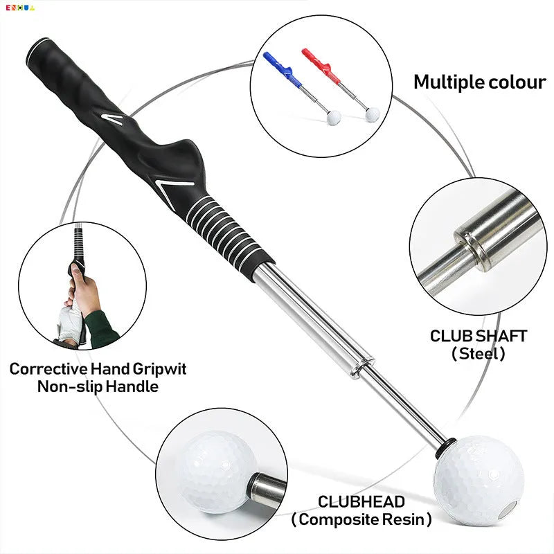Telescopic stainless steel golf swing trainer simulator in black, blue, and red colour options