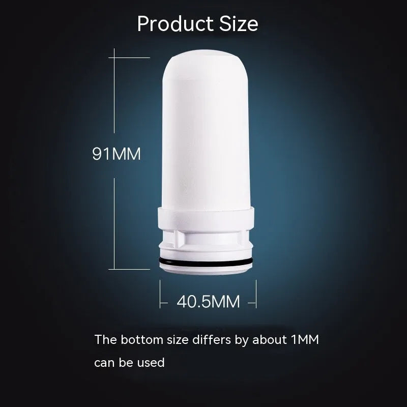 White cylindrical diatom ceramic water filter element measuring 43mm by 100mm.