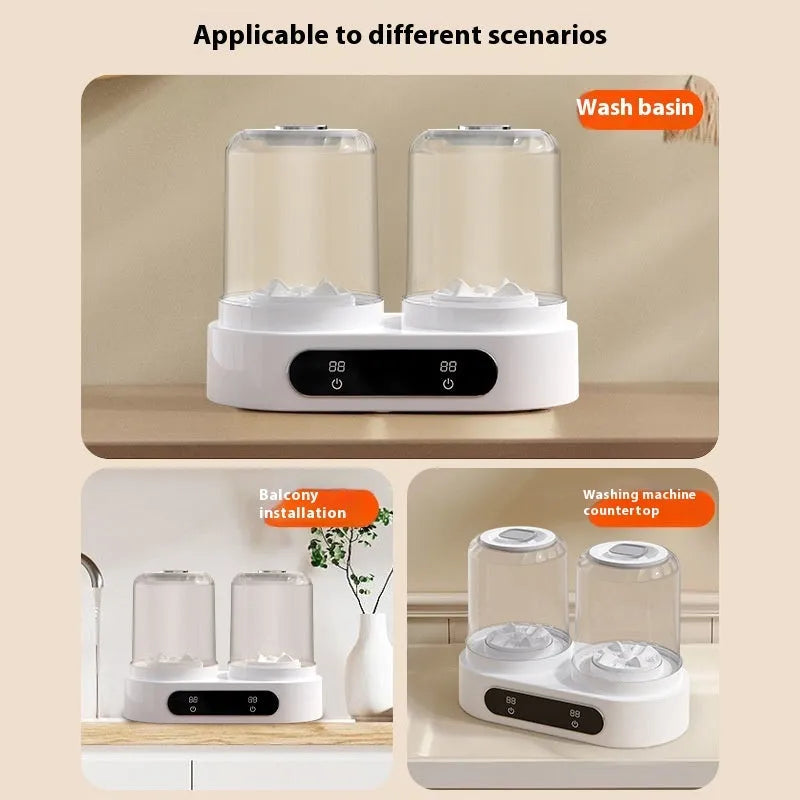 White double-bucket mini USB washing machine with two lids and a USB cable on a countertop.