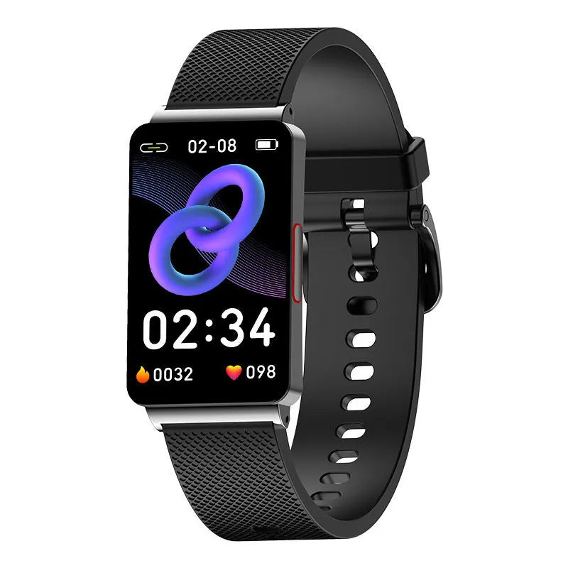 Blood glucose smart bracelet with touchscreen on a wrist, showing black, gold, and silver colour options.