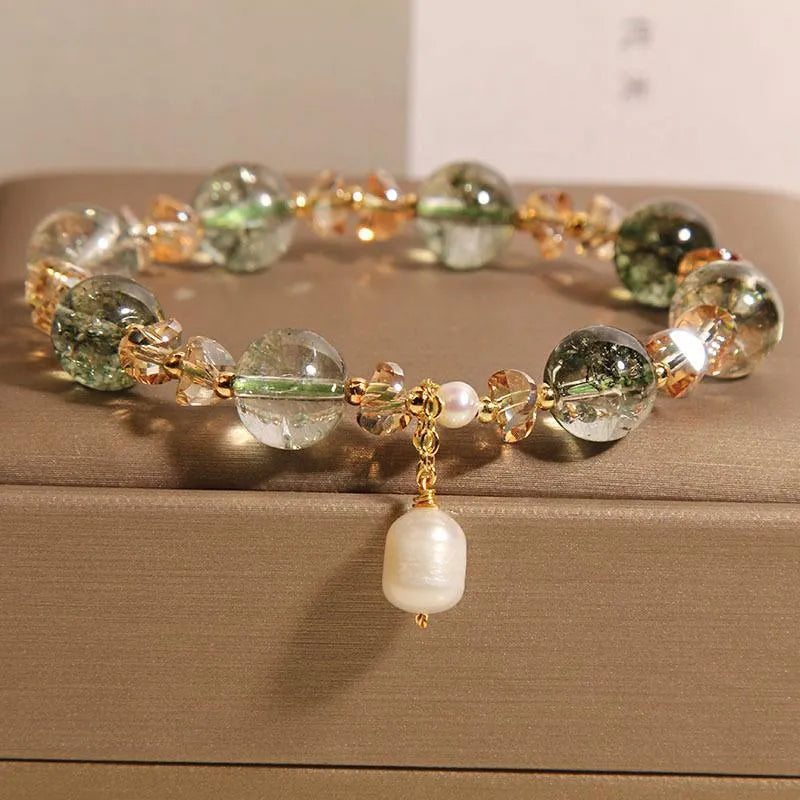 Green phantom quartz and chorite crystal women's bracelet with champagne gravel accents