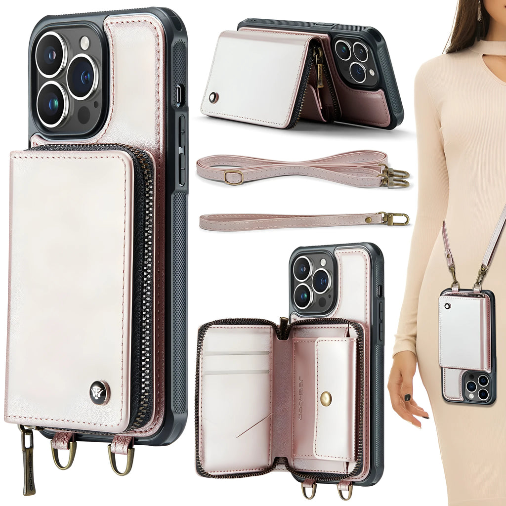 Wallet phone case with card holder for iPhone in black, showing bracket stand and card slots