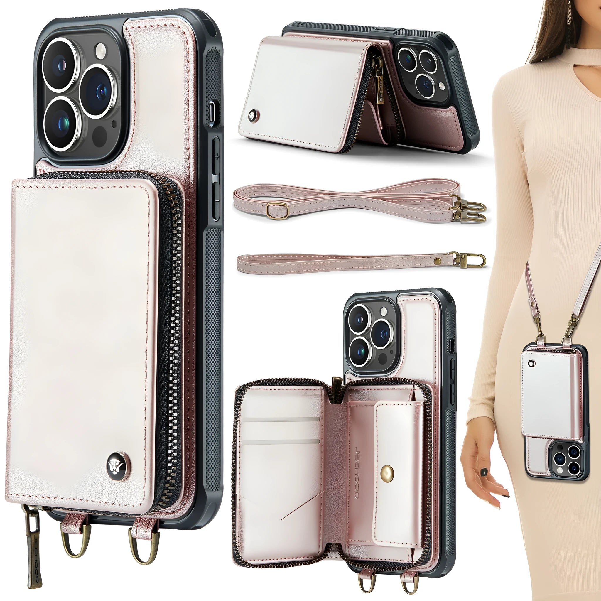Wallet phone case with card holder for iPhone in black, showing bracket stand and card slots