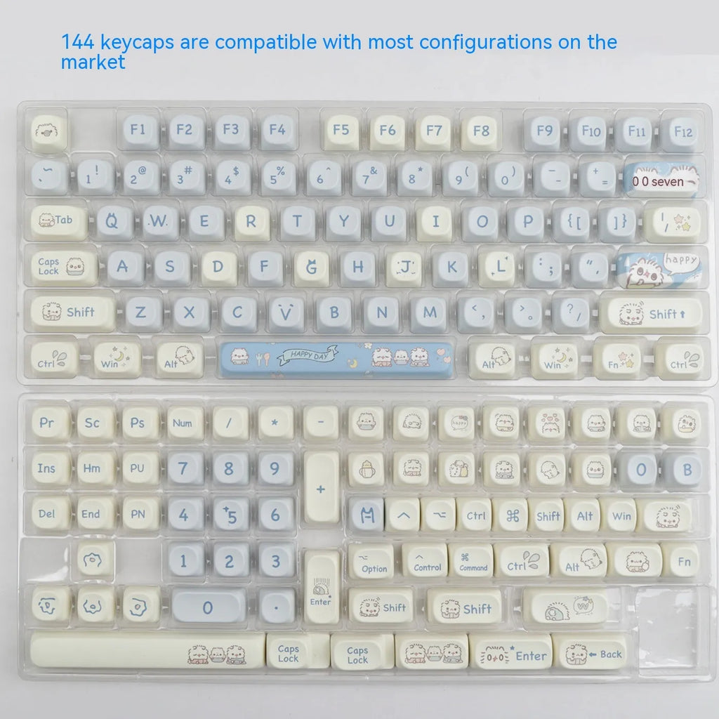 144-piece MOA height keycap set with cute meow block sublimation design and PBT construction for mechanical keyboards