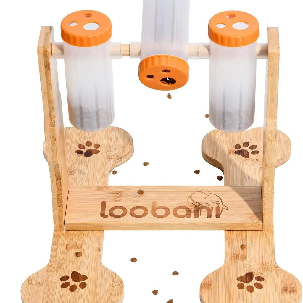 Wooden dog puzzle toy feeder with treat compartments measuring 31x30x20cm