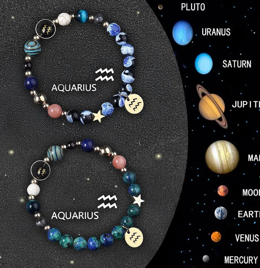 Set of two natural stone beaded bracelets for zodiac signs, showing textured beads and adjustable ties.