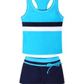 Girls' blue two-piece swimsuit set with chest pad top and boxer shorts, laid flat