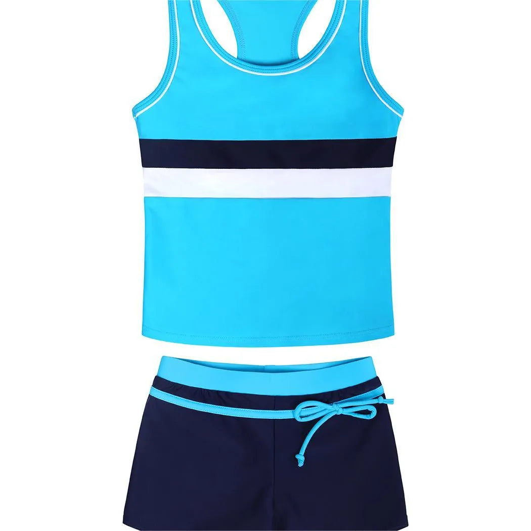 Girls' blue two-piece swimsuit set with chest pad top and boxer shorts, laid flat