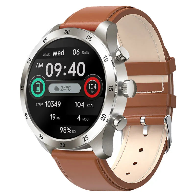 Black Bluetooth smartwatch with stainless steel strap showing a heart rate monitoring display on screen.