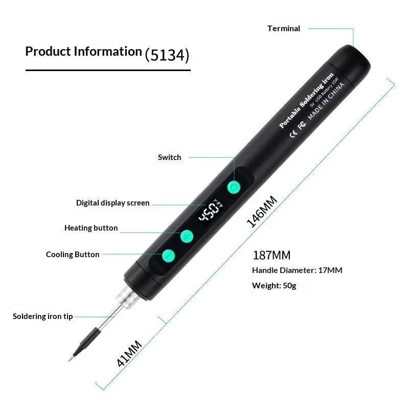 15W portable spot welding pen tool with black rubber handle and USB charging cable