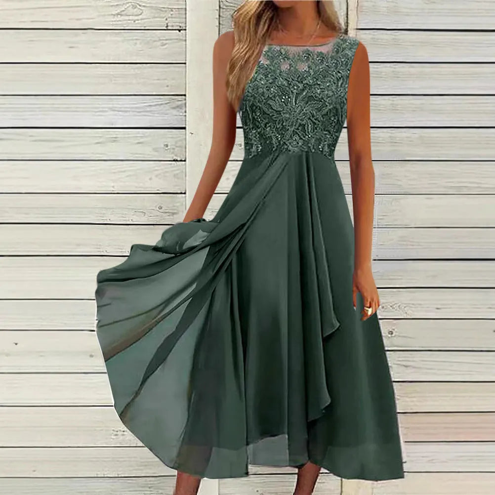 Women's sleeveless chiffon dress with lace hollow-out stitching in green, shown in a mid-length princess style.