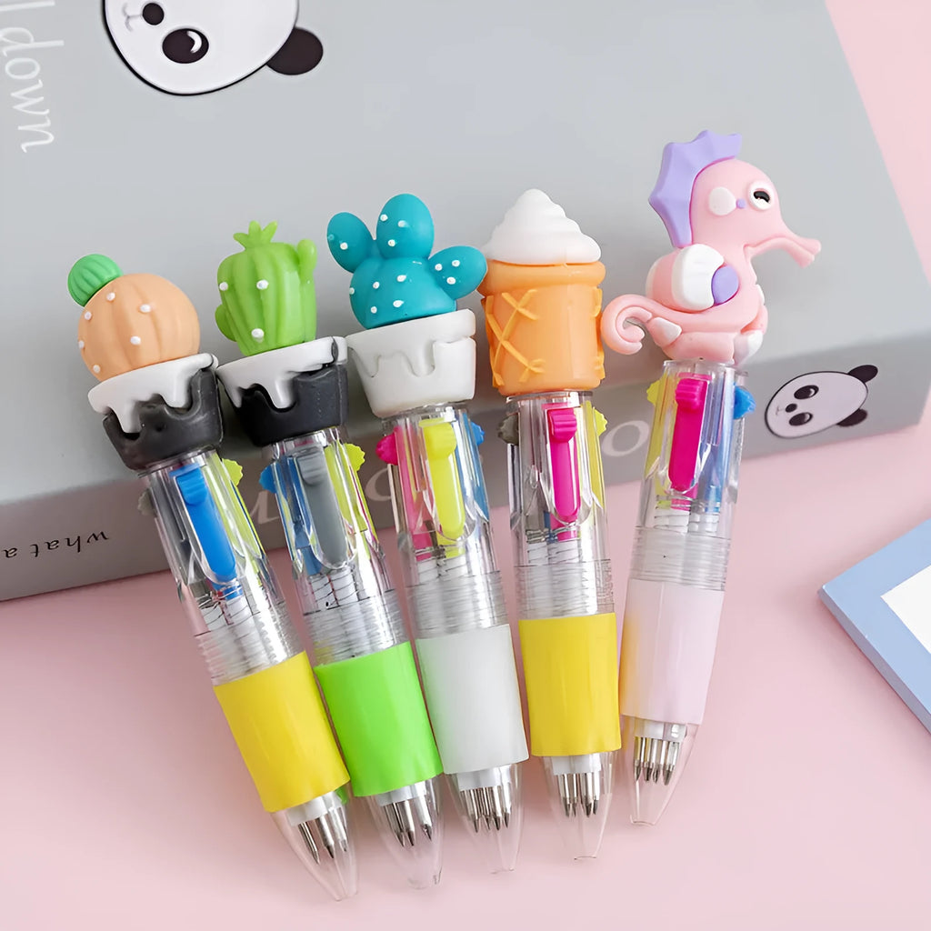 Cartoon-themed four colour press ballpoint pen with plastic and silicone body on a white background.
