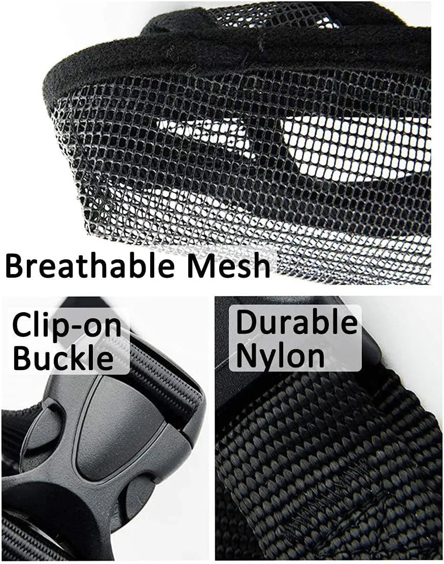 Breathable mesh dog muzzle in black with adjustable fit, showing front view on a neutral background