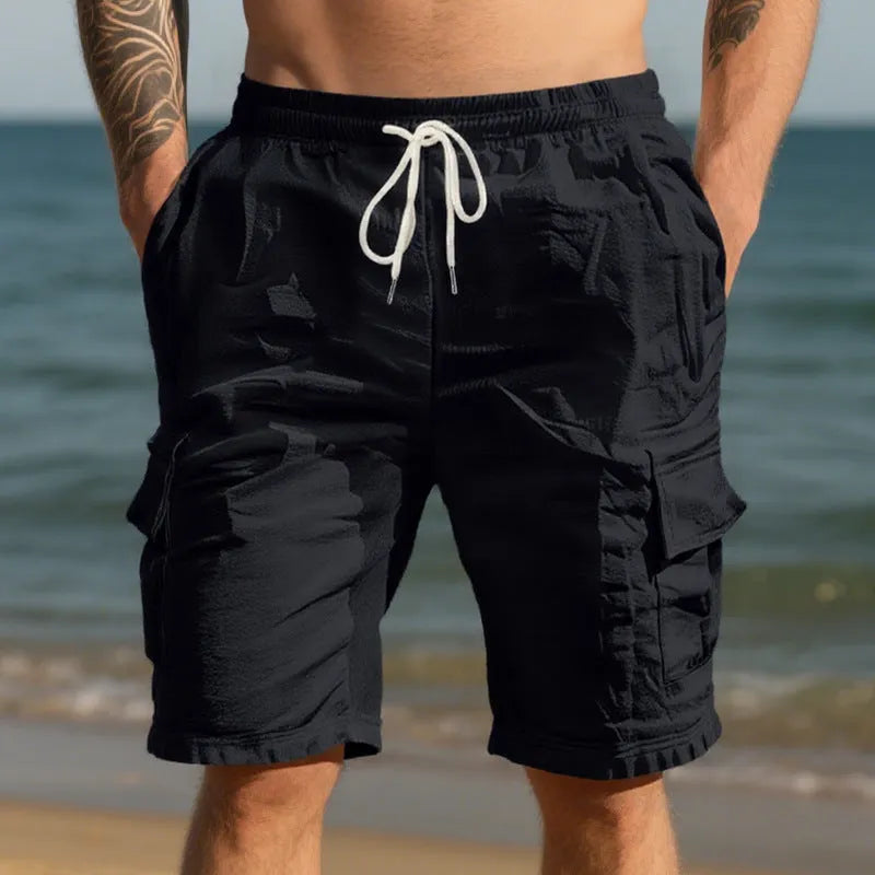 Men's cotton linen casual shorts with multiple pockets in loose straight-leg design