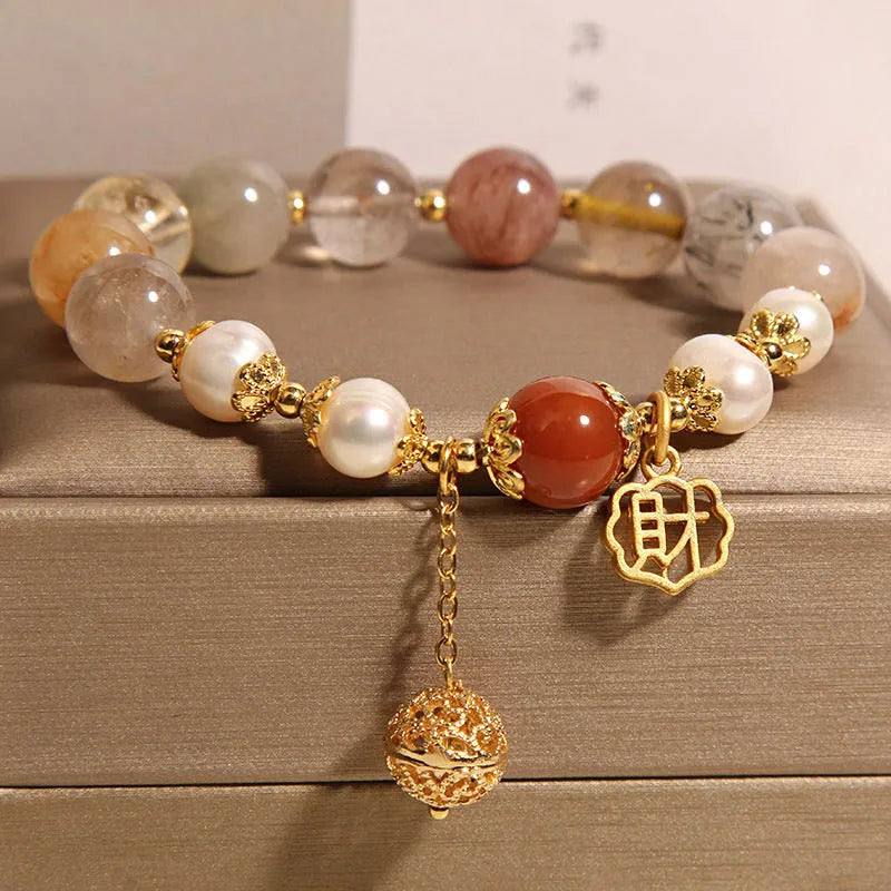 Natural colour hair crystal pearl bracelet for women with Chinese character Cai charm
