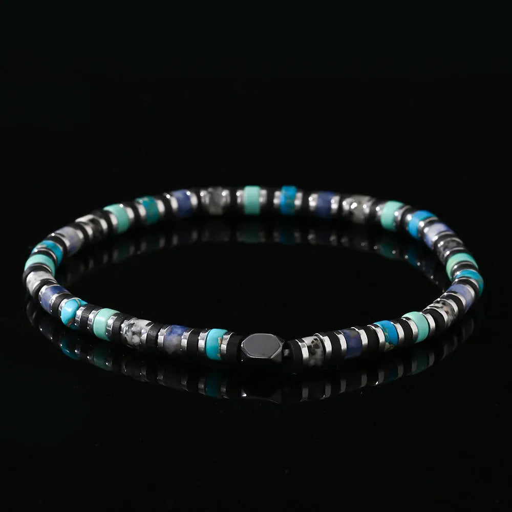 Hand-woven cylindrical semi-precious stone bracelet with geometric bead design