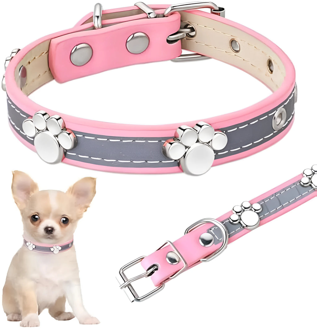 Reflective PU leather dog collar with metal buckle and cute paw rivet, shown in adjustable sizes for dogs.