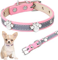 Reflective PU leather dog collar with metal buckle and cute paw rivet, shown in adjustable sizes for dogs.