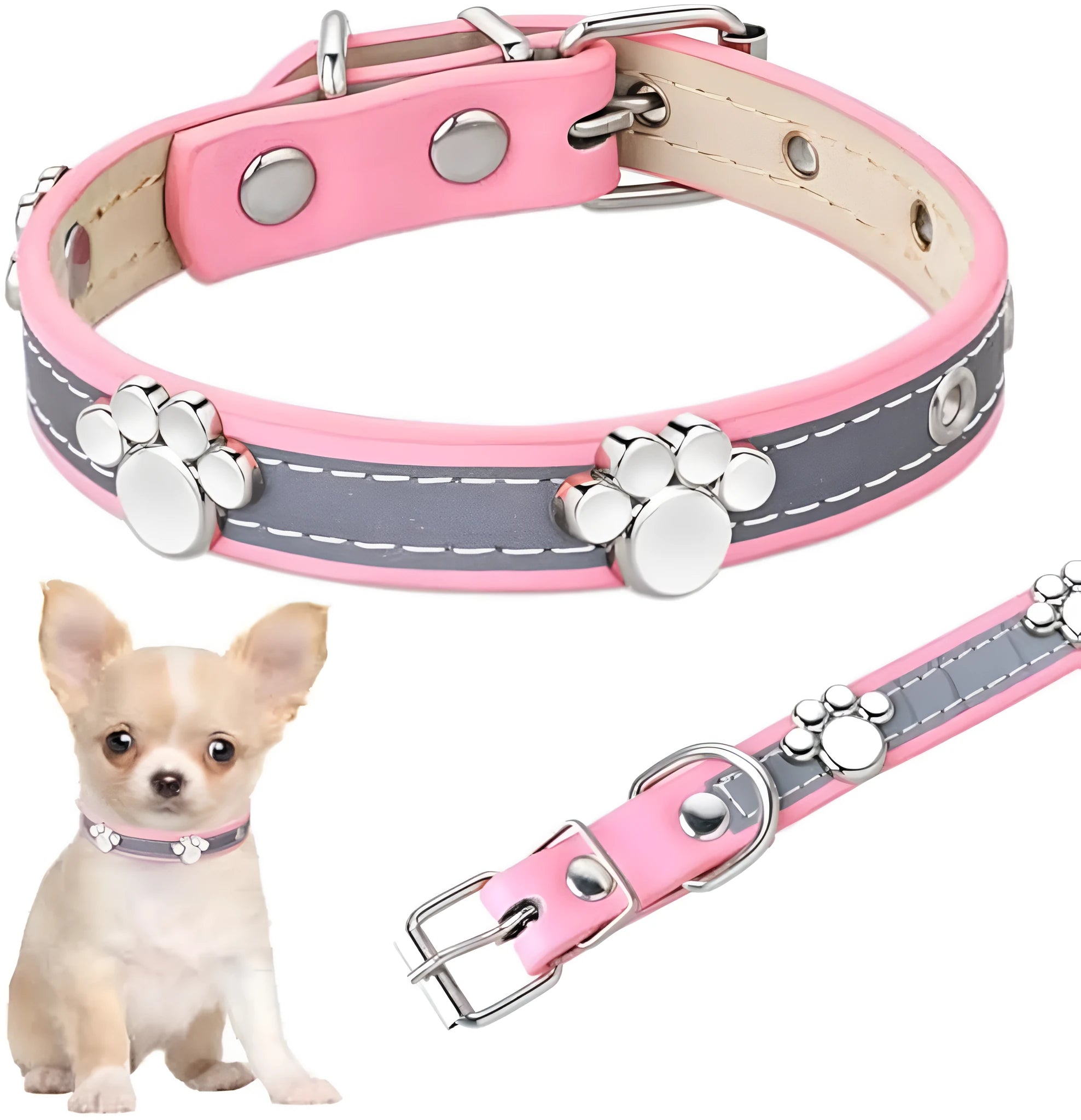Reflective PU leather dog collar with metal buckle and cute paw rivet, shown in adjustable sizes for dogs.