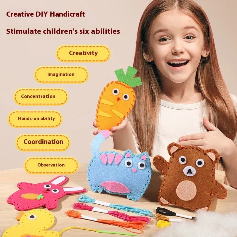 Children's non-woven cloth sewing kit with animal six models, needle, thread, and silver beads in a colour box