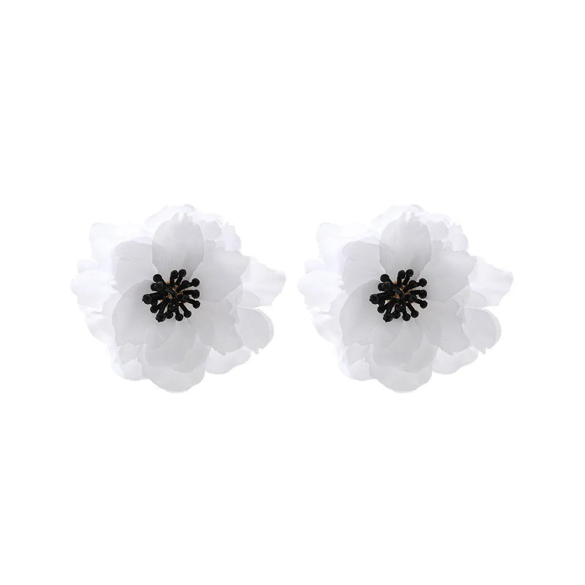 Hand-woven white plastic resin flower earrings for women fashion OL style on display