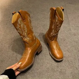 Brown women's mid-calf embroidered Martin boots with leather lining and rubber sole