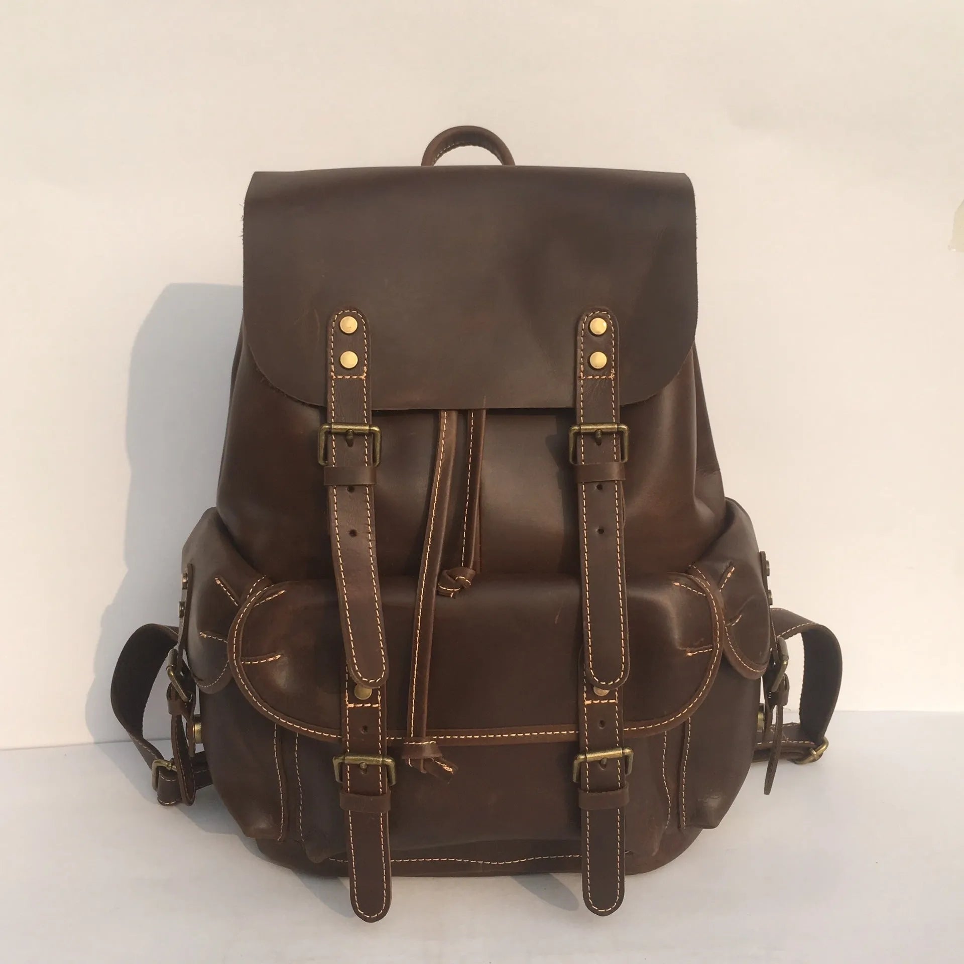 Brown genuine leather men's backpack with air pillow belt comfort system