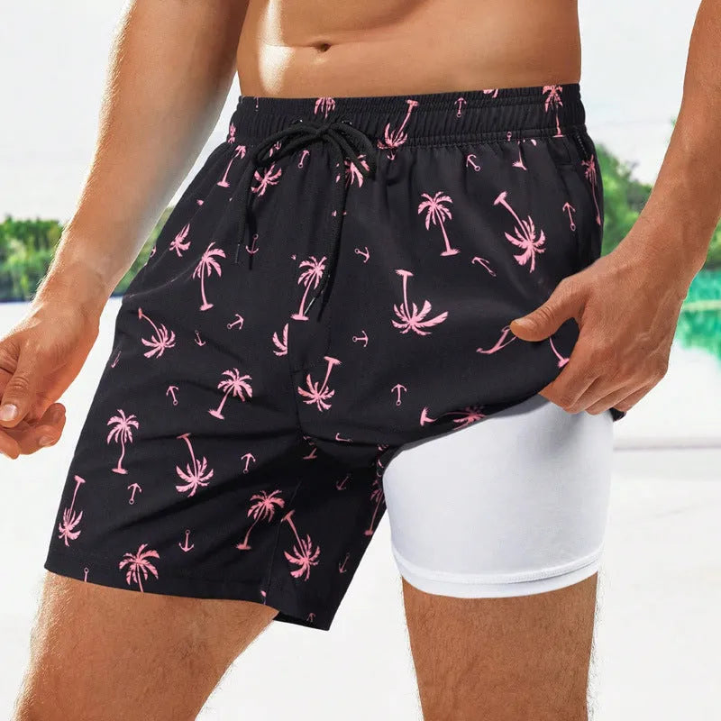 Men's loose quick-drying swimming trunks in various colour patterns with micro elastic spandex fabric