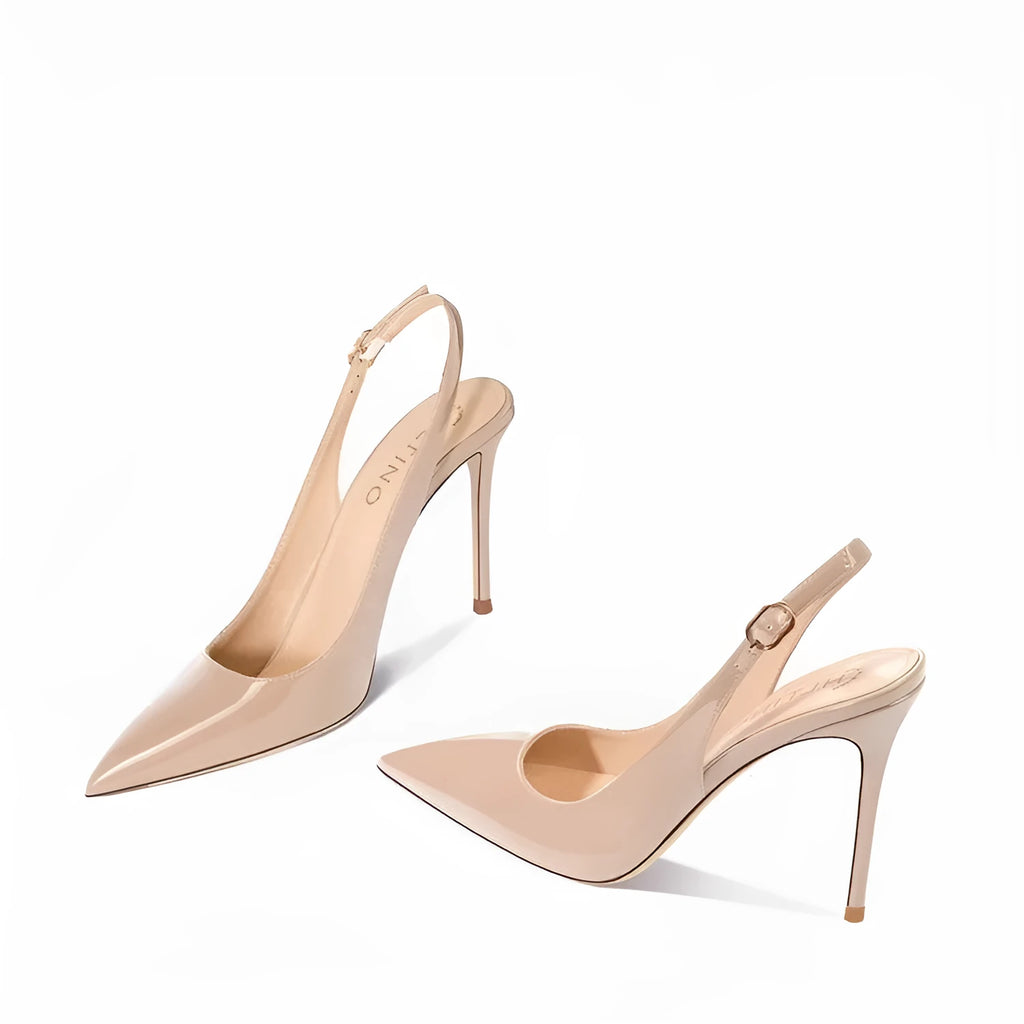 Nude women's high heels with hollow ankle-strap and button fastening.