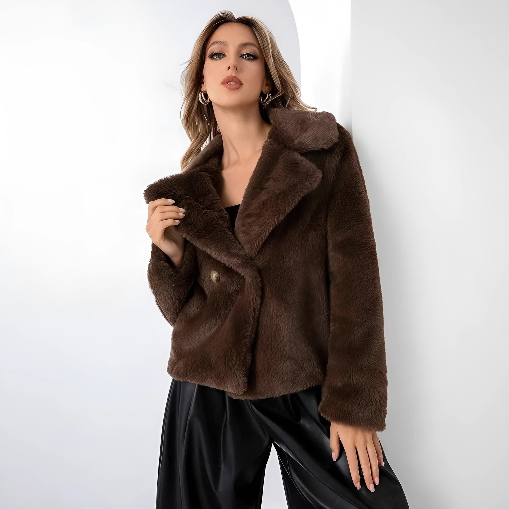 A woman's short loose faux fur coat in a fresh and sweet style, shown in rose red.