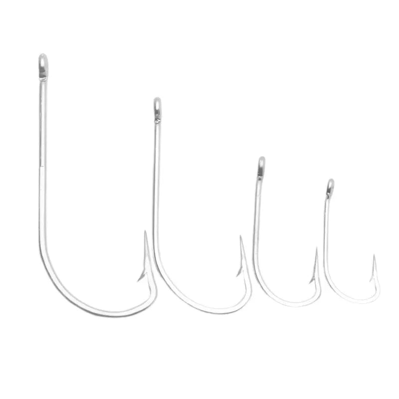Pack of stainless steel sea fishing hooks in multiple sizes for ocean boat fishing.
