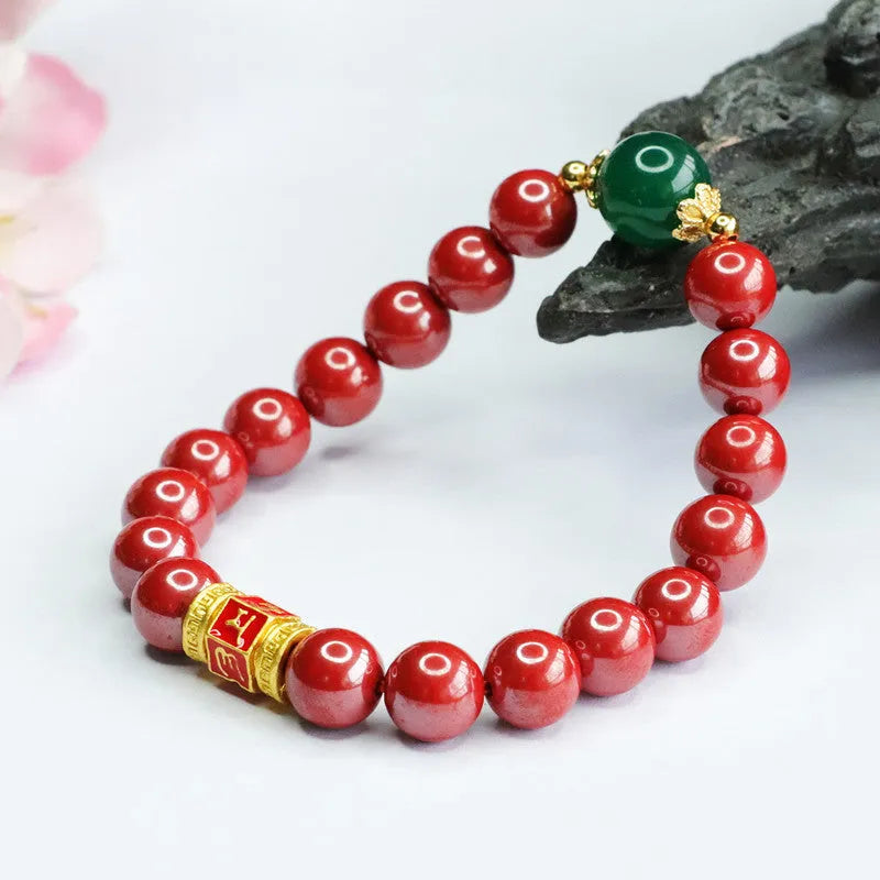 Emperor Sandstone colour cinnabar bracelet with 8mm beads and a six words motto charm.