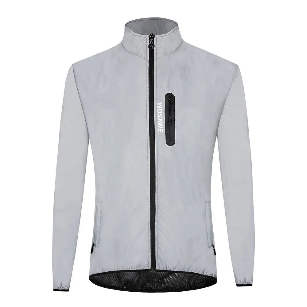 Silver waterproof polyester long sleeved windproof jacket for outdoor activities.