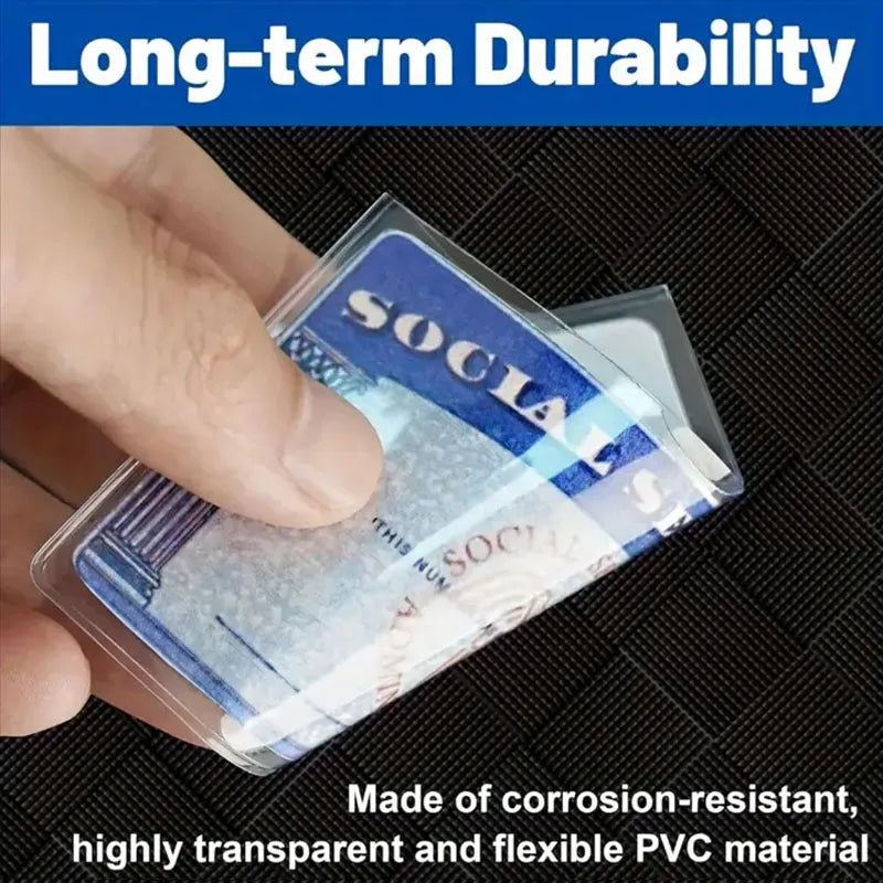 Clear PVC waterproof cover holding a social security card, showing dimensions of 9.7cm by 5.9cm.