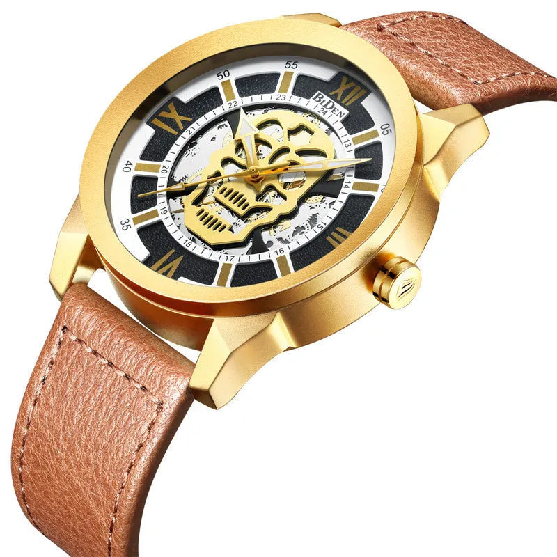Men's quartz watch with calendar display on brown leather strap showing 4.3cm case diameter
