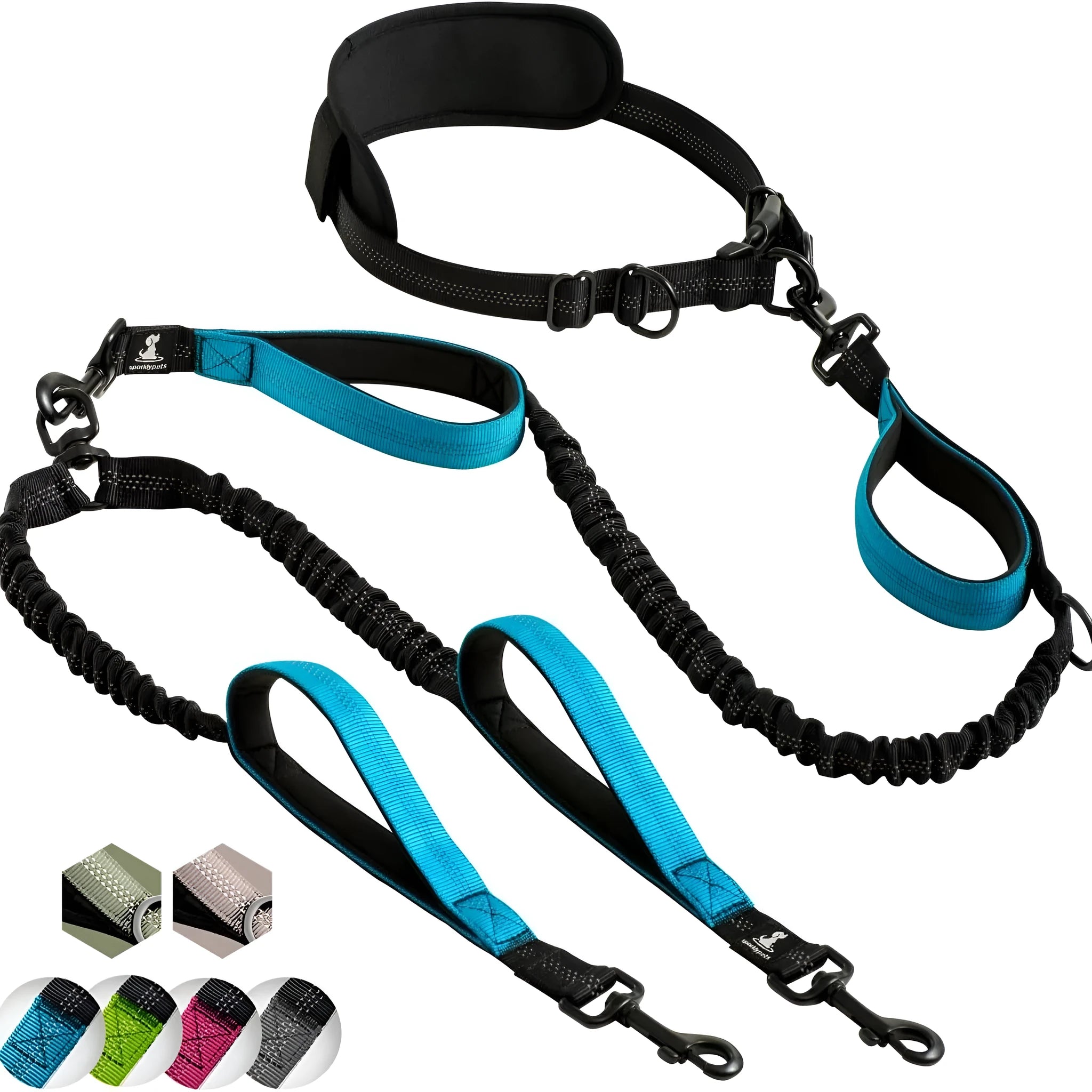 Nylon dog traction belt with stretch double-ended rope 115cm and 135cm waist circumference in black and blue
