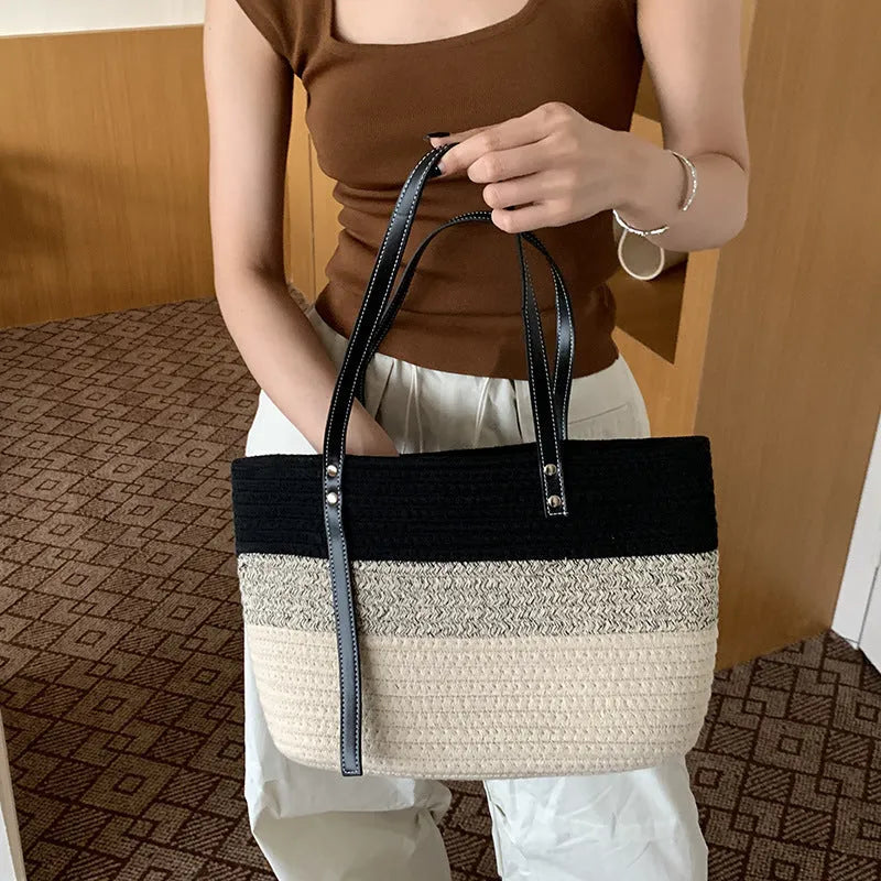 Hand woven oval cotton basket bag with sandwich pocket and double straps in khaki colour