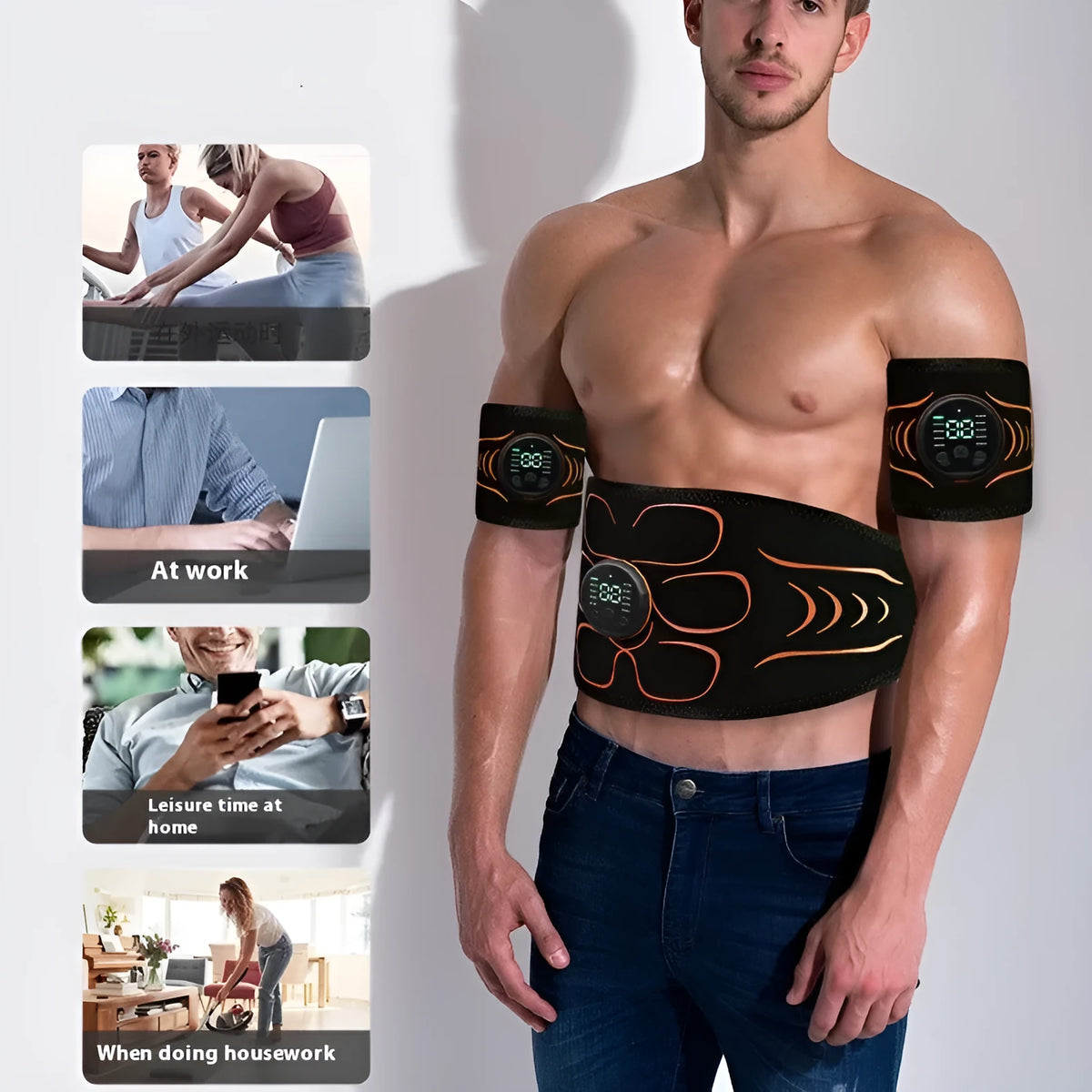 Silicone EMS belly shaping belt with stimulator unit, belt, and hand straps on a white background