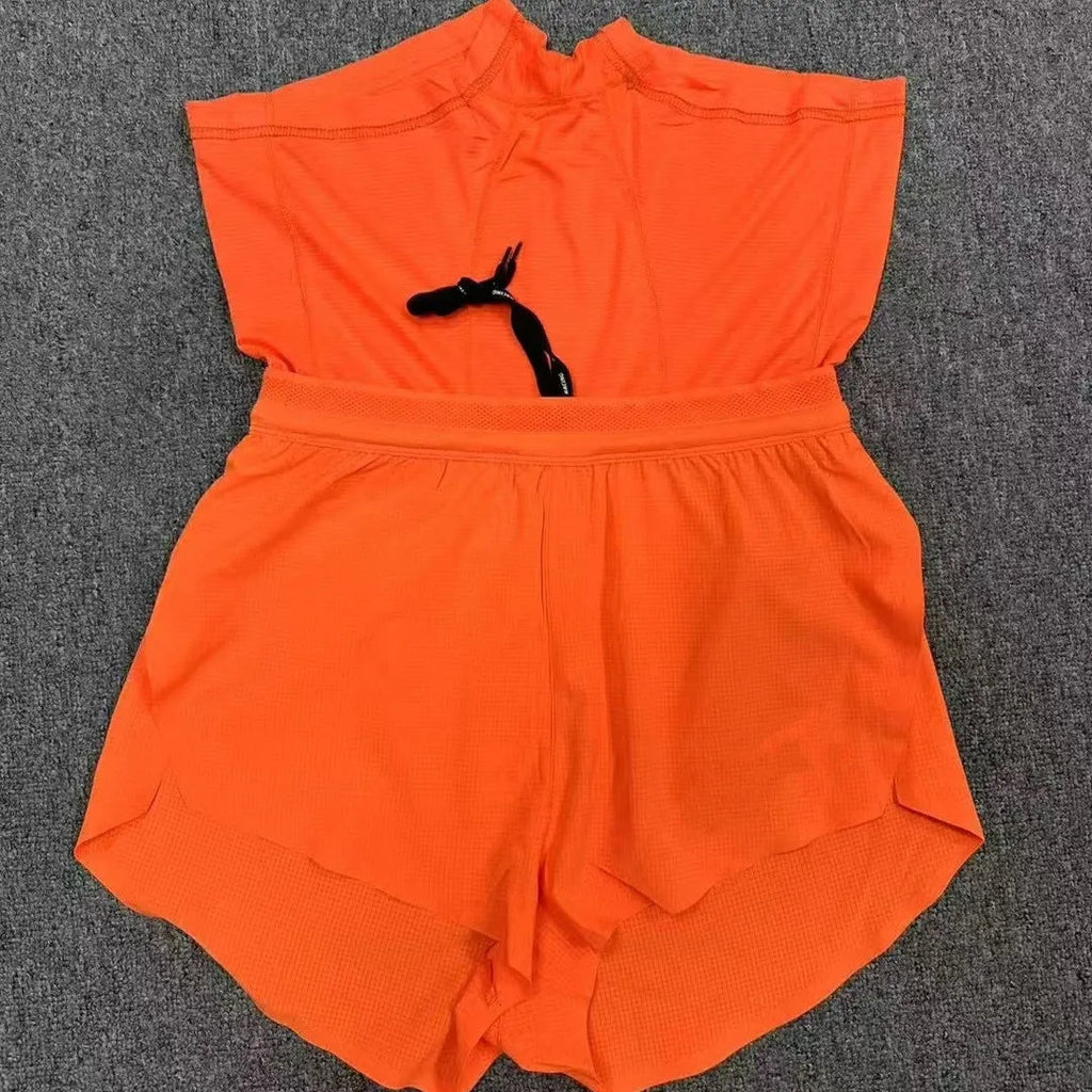 Pocket marathon running shorts with breathable lining in orange colour, front view