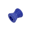 Blue natural rubber hollow dog bone toy with treat leakage holes on a white background.