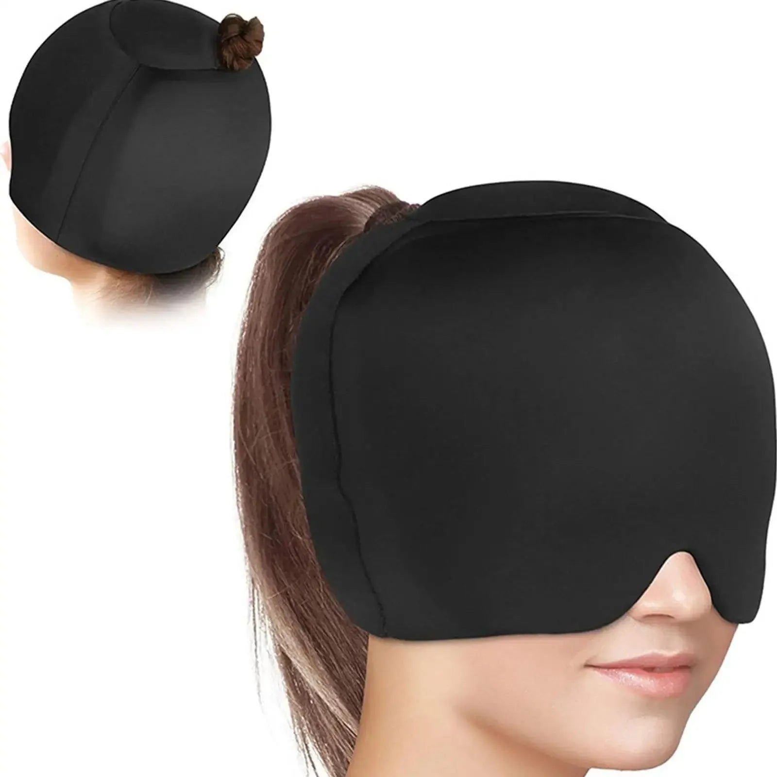 Solid colour cold compress cap for headache relief in black, dark blue, or pink.