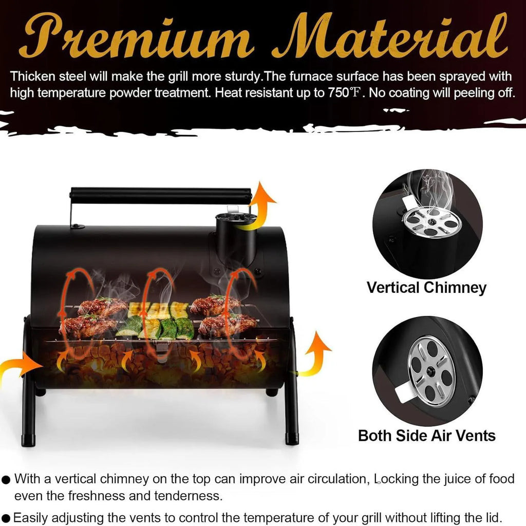 Small metal folding barbecue grill with charcoal fuel, shown on a tabletop.