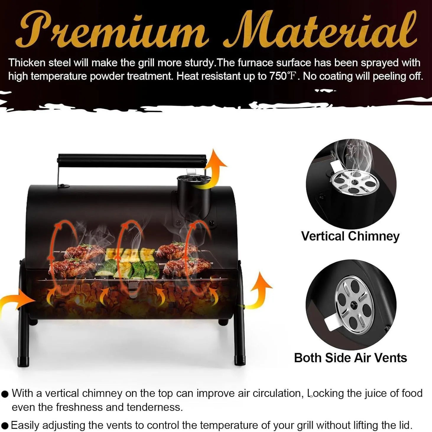 Small metal folding barbecue grill with charcoal fuel, shown on a tabletop.
